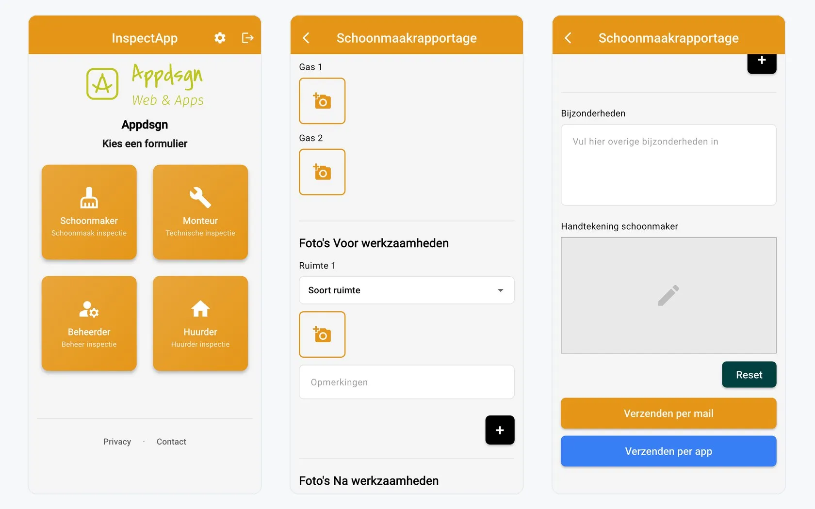 Drie schermen van de Inspect App: een formulier kiezen per rol, een schoonmaakrapportage met foto's invullen, en ondertekenen en verzenden