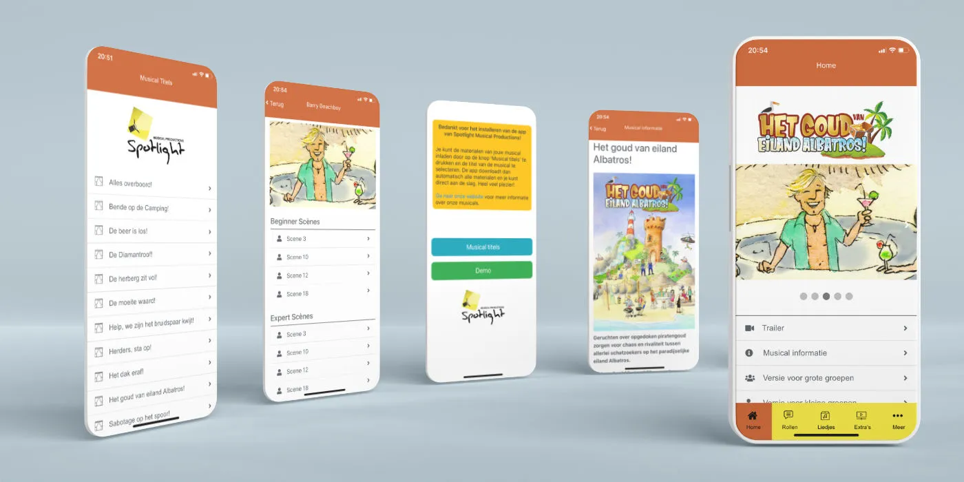 Schermen van de Spotlight-app: script, liedteksten en instructievideo's per rol