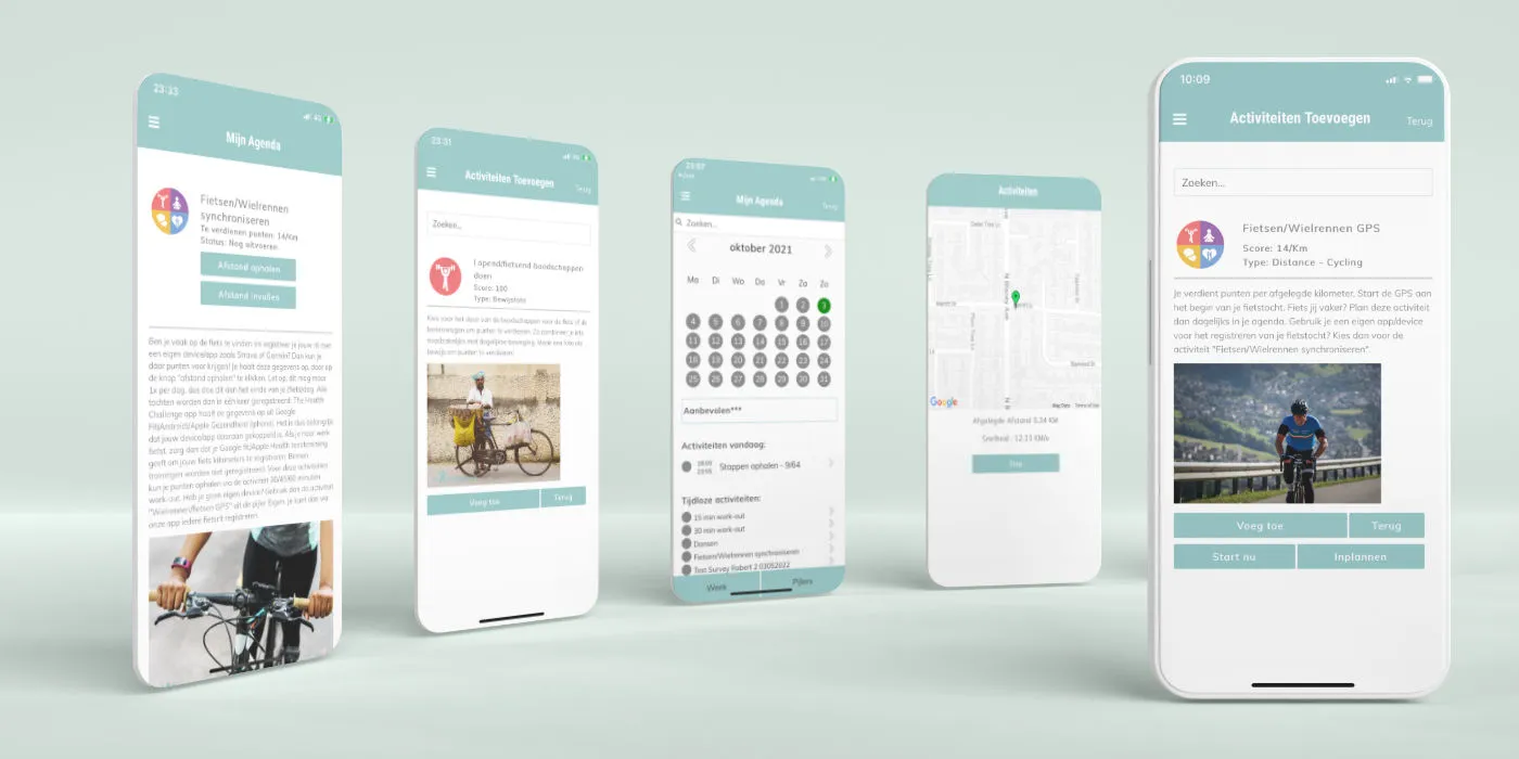 Schermen van The Health Challenge-app: agenda, activiteiten en GPS-registratie van fietstochten