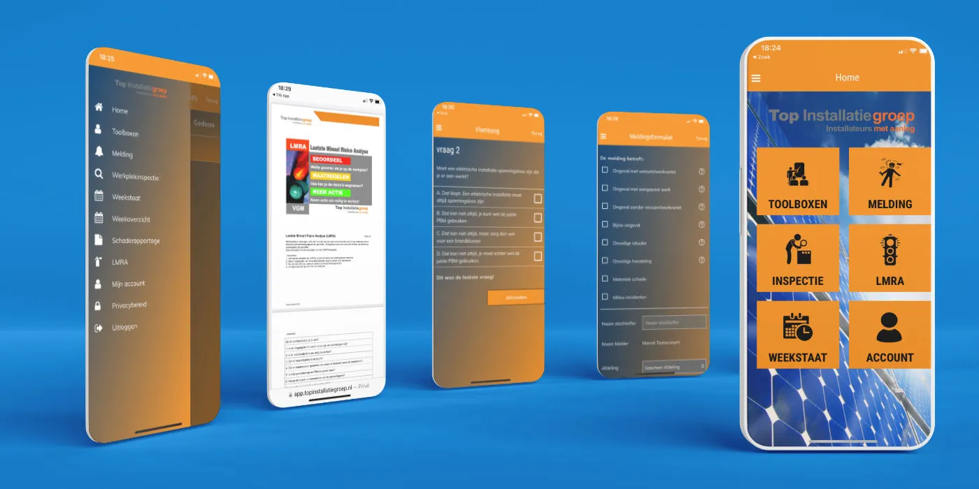 Schermen van de Top Installatiegroep-app: toolboxmeetings, weekstaten en werkplekinspecties